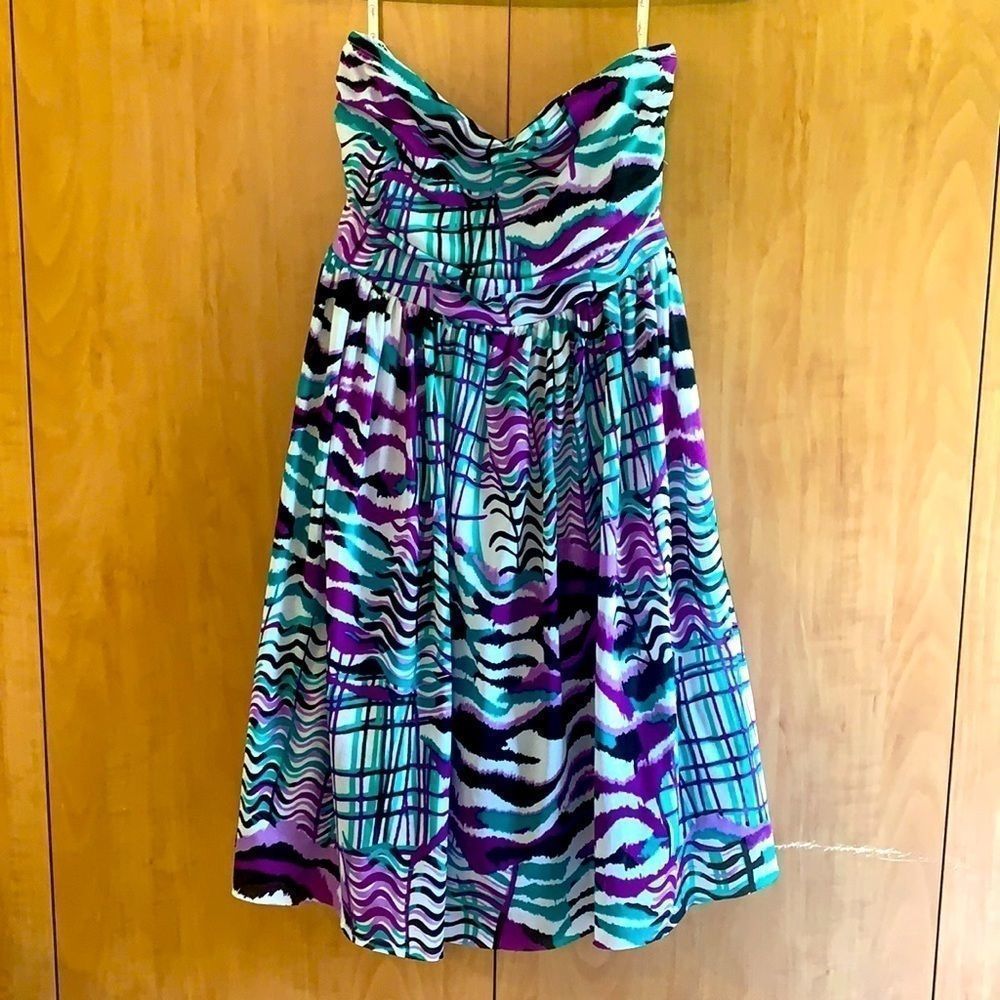 Candies strapless dress M purple green black print